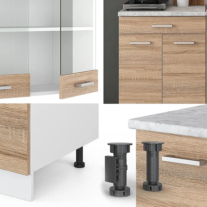 Vicco Singleküche R-Line Sonoma/Weiß, AP Eiche - Sonoma, Mit AP Eiche - Modulare Küchenschrankteile: helle Holzfurnier- und weiße Paneele, Glastüren, silberne Griffe, verstellbare schwarze Füße und Marmor-Arbeitsplatte.