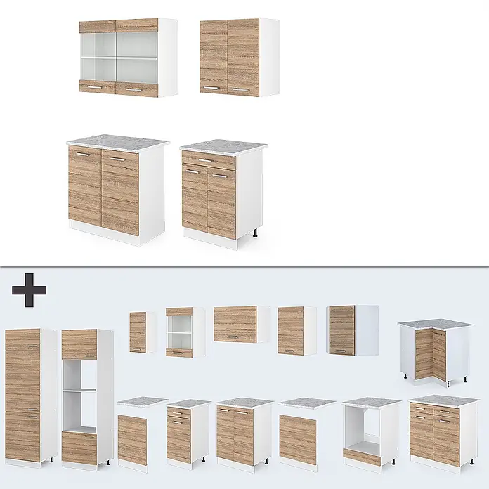 Vicco Singleküche R-Line Sonoma/Weiß, AP Eiche - Sonoma, Mit AP Eiche - Verschiedene weiße und helle Holz-Küchenschrankmodule, Unter- und Oberschränke, teils mit Arbeitsplatten oder Glastüren.