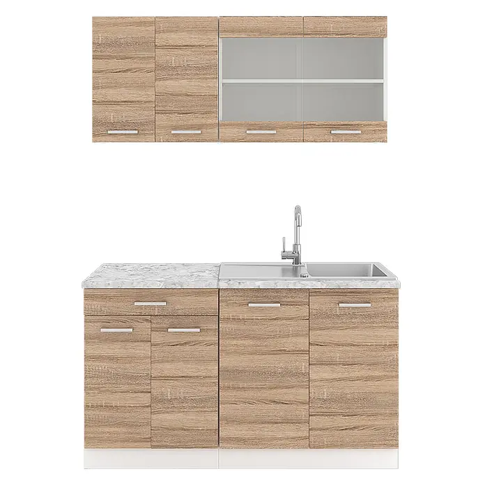 Vicco Singleküche R-Line, Sonoma, 140 cm -  - Küchenschränke in heller Holzoptik mit weißer Marmor-Arbeitsplatte, Spüle und Armatur. Oberschränke (teilweise mit Glas), Unterschränke.