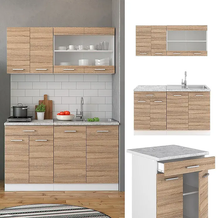 Vicco Singleküche R-Line Sonoma/Weiß, AP Eiche - Sonoma, Mit AP Eiche - Komplette Küchenschrank-Garnitur in heller Holzoptik mit Marmor-Arbeitsplatten und silbernen Griffen, bestehend aus Ober- und Unterschränken mit Spüle.