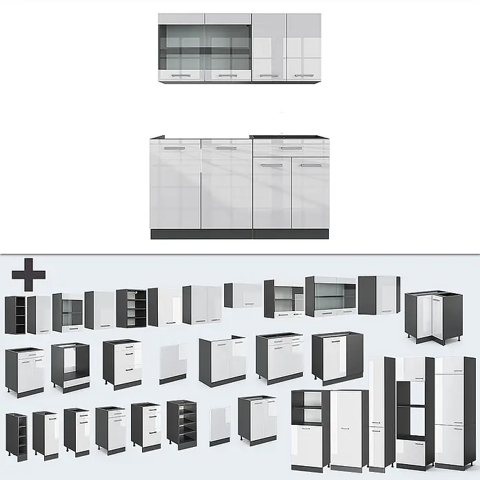 Vicco Singleküche R-Line Weiß Hochglanz/Anthrazit, AP Anthrazit - Breite: 140 cm, Weiß Hochglanz, Mit AP Anthrazit - Modulare Küchenschränke mit hochglänzenden weißen Fronten und grauen Rahmen, inklusive Ober- und Unterschränken sowie verschiedenen Einzelmodulen.