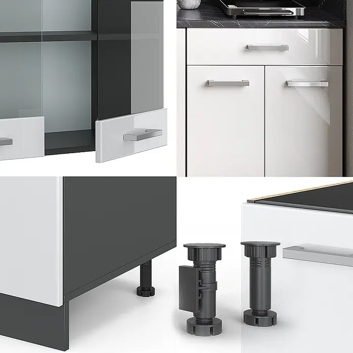 Vicco Singleküche R-Line Weiß Hochglanz/Anthrazit, AP Anthrazit - Breite: 140 cm, Weiß Hochglanz, Mit AP Anthrazit - Moderne weiß-dunkelgraue Küchenschrankdetails mit silbernen Griffen, Glasplatten und verstellbaren schwarzen Füßen.