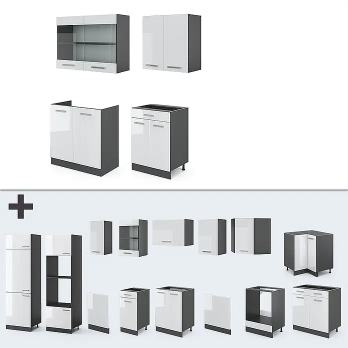 Vicco Singleküche R-Line Weiß Hochglanz/Anthrazit, AP Anthrazit - Breite: 140 cm, Weiß Hochglanz, Mit AP Anthrazit - Modulare Küchenschränke mit weißen Hochglanzfronten und dunkelgrauen Korpi. Verschiedene Ober-, Unter-, Hoch- und Eckschränke.