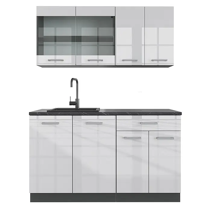 Vicco Singleküche R-Line Weiß Hochglanz/Anthrazit, AP Anthrazit - Breite: 140 cm, Weiß Hochglanz, Mit AP Anthrazit - Weißglänzende Küchenschrank-Garnitur mit dunkler Arbeitsplatte, Spüle, Armatur und einigen Oberschränken mit Glasfront.