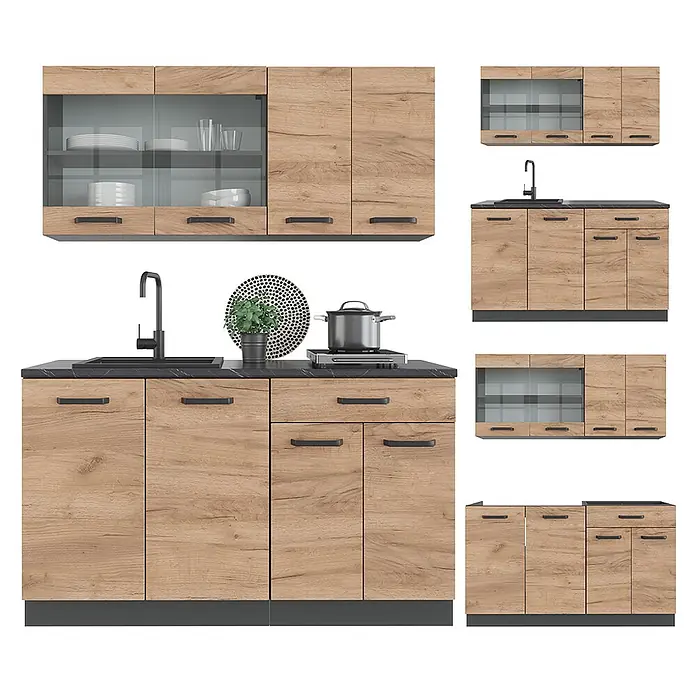 Vicco Singleküche R-Line Goldkraft Eiche/Anthrazit ohne Arbeitsplatte - Goldkraft Eiche, Ohne AP - Modulare Küche mit hellen Holzfronten, dunklen Arbeitsplatten, schwarzen Griffen und Oberschränken mit Glasfront. Mit Spüle und Kochfeld.