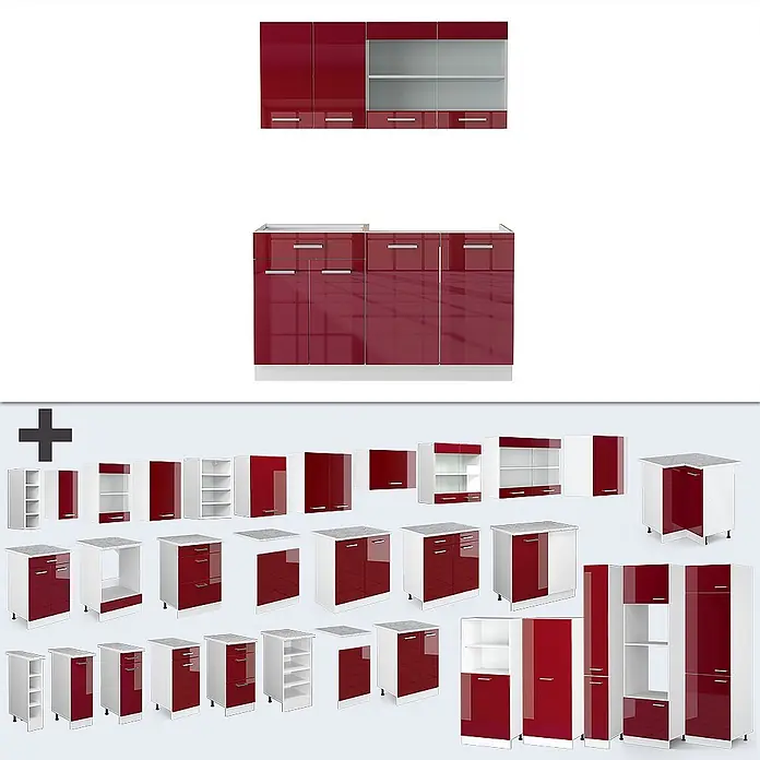 Vicco Singleküche R-Line Rot Hochglanz/Weiß, AP Marmor - Rot Hochglanz, Mit AP Marmor - Modulare Küchenmöbel in Hochglanz Rot und Weiß, mit Ober-, Unter- und Hochschränken.