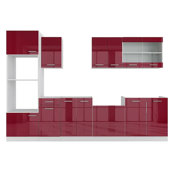 Vicco Küchenzeile R-Line Rot Hochglanz/Weiß mit Hochschrank, AP Marmor - Breite: 300 cm, Rot Hochglanz, Ohne Elektrogeräte - Hochglanzrote und weiße modulare Küchenschrankgarnitur mit Ober- und Unterschränken, inklusive Glasschrank und Schubladen.