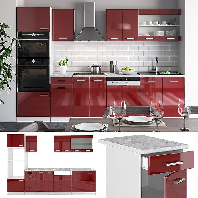 Vicco Küchenzeile R-Line Rot Hochglanz/Weiß mit Hochschrank, AP Anthrazit - Rot Hochglanz, Ohne Elektrogeräte - Modulare Hochglanzküche in Rot mit weißen Arbeitsplatten, integrierten Geräten und Stauraum, in einer modernen Küche präsentiert.