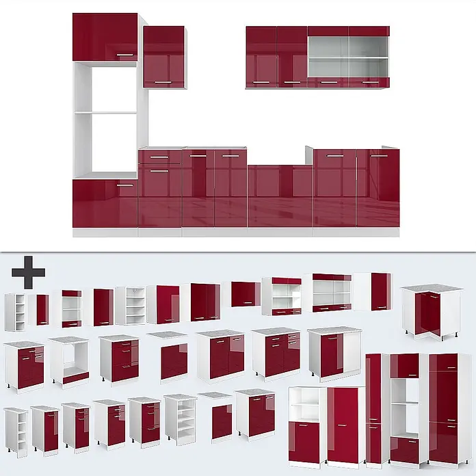 Vicco Küchenzeile R-Line Rot Hochglanz/Weiß mit Hochschrank, AP Marmor - Breite: 300 cm, Rot Hochglanz, Ohne Elektrogeräte - Modulare Küchenschränke in glänzendem Dunkelrot und Weiß, verschiedene Unter- und Oberschränke für individuelle Küchenplanung.