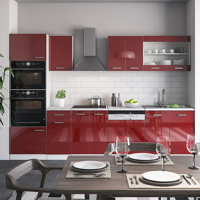 Vicco Küchenzeile R-Line Rot Hochglanz/Weiß mit Hochschrank, AP Anthrazit - Rot Hochglanz, Ohne Elektrogeräte - Moderne Küche mit hochglänzenden roten Schränken, integriertem Doppelofen, Kochfeld und Geschirrspüler vor weißem Fliesenspiegel.