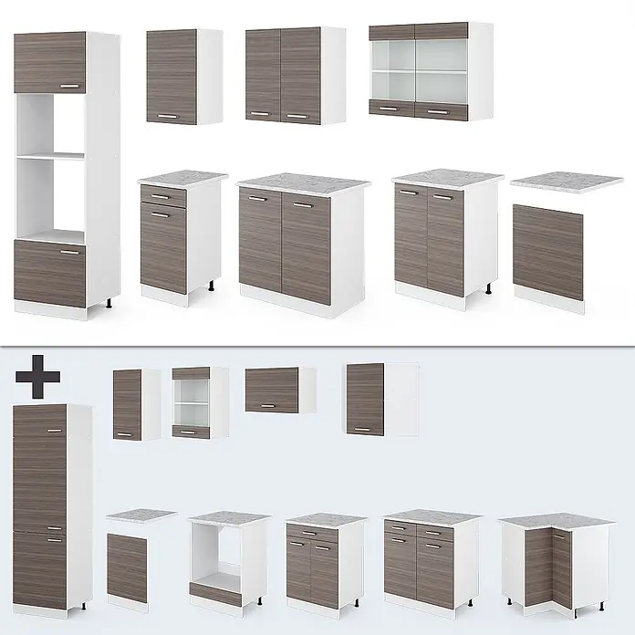 Vicco Küchenzeile R-Line Edelgrau/Weiß mit Hochschrank, AP Anthrazit - Breite: 300 cm, Edelgrau, Ohne Elektrogeräte - Set moderner Küchenschränke in Weiß mit Türen und Schubladen in dunkler Holzoptik, inklusive Hochschränken, Hänge- und Unterschränken.
