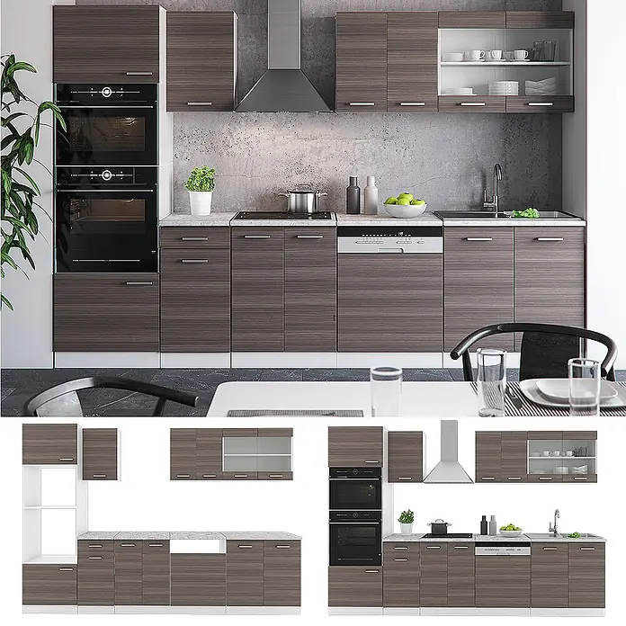 Vicco Küchenzeile R-Line Edelgrau/Weiß mit Hochschrank, AP Anthrazit - Breite: 300 cm, Edelgrau, Ohne Elektrogeräte - Komplettes Küchenschrank-Set in dunkler Holzoptik mit integrierten Öfen, Kochfeld, Spüle, Spülmaschine und Oberschränken.