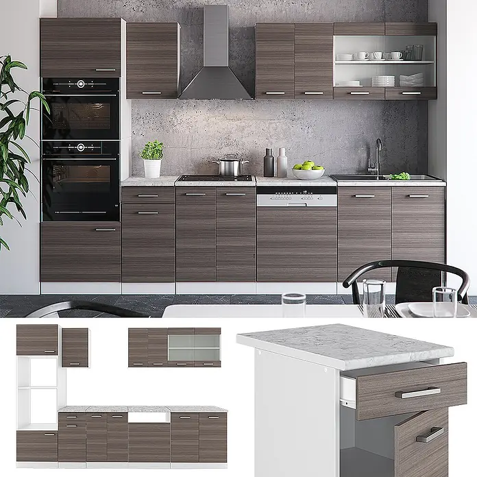 Vicco Küchenzeile R-Line Edelgrau/Weiß mit Hochschrank, AP Anthrazit - Breite: 300 cm, Edelgrau, Ohne Elektrogeräte - Moderne Küchenzeile mit dunklen Holzschrankfronten, weißen Arbeitsplatten und Einbaugeräten. Inklusive Ober- und Unterschränken.