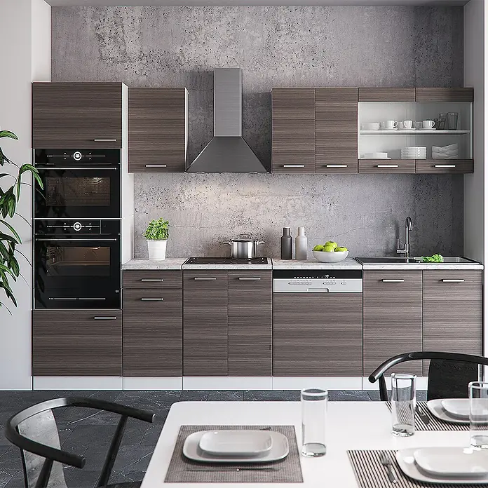 Vicco Küchenzeile R-Line Edelgrau/Weiß mit Hochschrank, AP Anthrazit - Breite: 300 cm, Edelgrau, Ohne Elektrogeräte - Moderne Küche mit dunklen Holzmaserungsschränken, weißen Arbeitsplatten und integrierten Edelstahlgeräten: Öfen, Kochfeld, Dunstabzugshaube, Geschirrspüler.