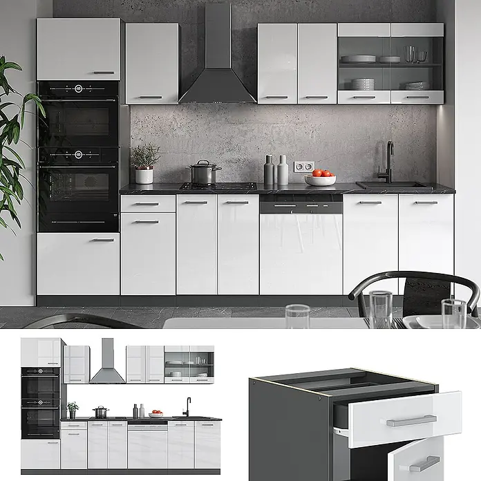 Vicco Küchenzeile R-Line Weiß Hochglanz/Anthrazit mit Hochschrank, AP Anthrazit - Breite: 300 cm, Weiß Hochglanz, Ohne Elektrogeräte - Moderne weiße Hochglanzküche mit schwarzen Arbeitsplatten, integrierten Geräten und Dunstabzugshaube.