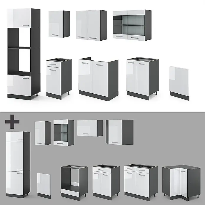 Vicco Küchenzeile R-Line Weiß Hochglanz/Anthrazit mit Hochschrank, AP Anthrazit - Breite: 300 cm, Weiß Hochglanz, Ohne Elektrogeräte - Modulares Küchenschrank-Set mit weißen Hochglanzfronten und dunkelgrauen Korpusen.