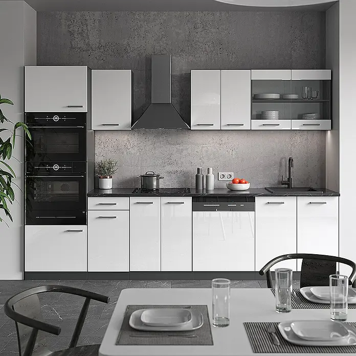 Vicco Küchenzeile R-Line Weiß Hochglanz/Anthrazit mit Hochschrank, AP Anthrazit - Breite: 300 cm, Weiß Hochglanz, Ohne Elektrogeräte - Komplette moderne Küchenzeile mit hochglanzweißen Schränken, dunklen Arbeitsplatten und integrierten schwarzen Öfen, Kochfeld und Geschirrspüler.