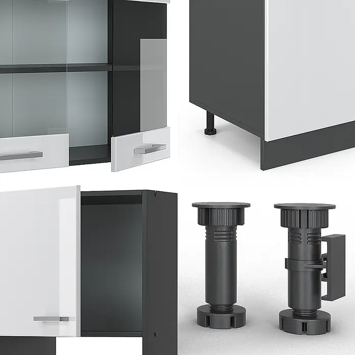 Vicco Küchenzeile R-Line Weiß Hochglanz/Anthrazit mit Hochschrank, AP Anthrazit - Breite: 300 cm, Weiß Hochglanz, Ohne Elektrogeräte - Modulare schwarz-weiße Schrankteile mit Glas- und Volltüren, silbernen Griffen und schwarzen, verstellbaren Kunststofffüßen.