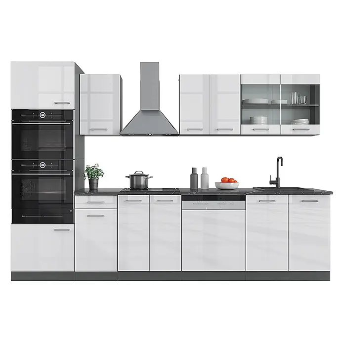 Vicco Küchenzeile R-Line Weiß Hochglanz/Anthrazit mit Hochschrank, AP Anthrazit - Breite: 300 cm, Weiß Hochglanz, Ohne Elektrogeräte - Moderne Küchenzeile mit glänzend weißen Schränken, schwarzer Arbeitsplatte, integrierten Öfen, Kochfeld, Geschirrspüler, Spüle und Dunstabzugshaube.