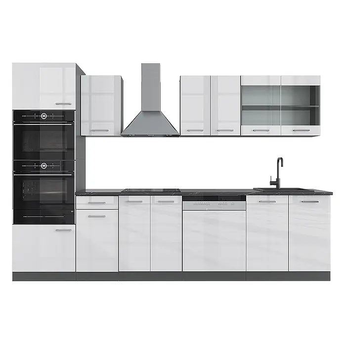 Vicco Küchenzeile R-Line Weiß Hochglanz/Anthrazit mit Hochschrank, AP Anthrazit - Breite: 300 cm, Weiß Hochglanz, Ohne Elektrogeräte - Moderne Küche mit hochglänzenden weißen Schränken, schwarzer Arbeitsplatte, Einbaubacköfen, Kochfeld, Spüle, Geschirrspüler und Edelstahlhaube.