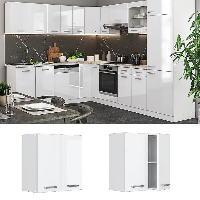 Vicco Schrankküche R-Line Weiß Hochglanz - Weiß Hochglanz, Hängeschrank 60 cm - Weiße Hochglanz-Küchenschränke in L-Form in einem modernen Küchenambiente.