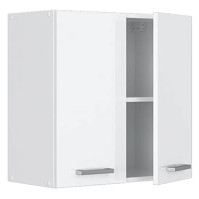 Vicco Schrankküche R-Line Weiß Hochglanz - Weiß Hochglanz, Hängeschrank 60 cm - Weißer Hochglanz-Küchenhängeschrank mit zwei Türen und silbernen Griffen, eine Tür offen mit Innenregal.