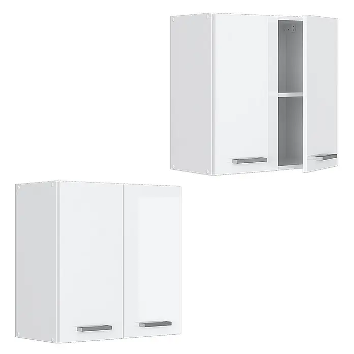 Vicco Schrankküche R-Line Weiß Hochglanz - Weiß Hochglanz, Hängeschrank 60 cm - Zwei weiße Küchenoberschränke mit silbernen Griffen. Ein Schrank ist teilweise geöffnet und zeigt ein Innenregal.