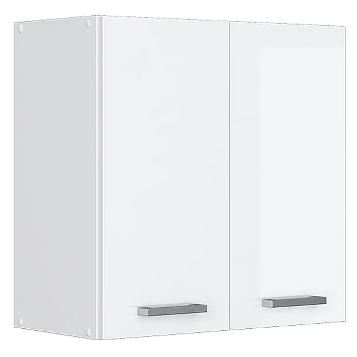 Vicco Schrankküche R-Line Weiß Hochglanz - Weiß Hochglanz, Hängeschrank 60 cm - Weißer zweitüriger Wandschrank mit silbernen Griffen.