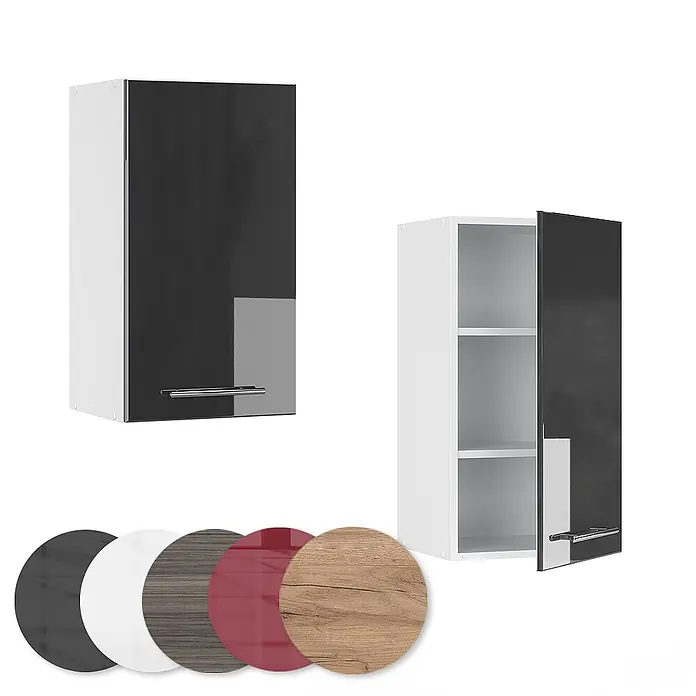 Vicco Schrankküche Fame-Line Anthrazit Hochglanz - Anthrazit Hochglanz, Hängeschrank 40 cm - Weiße Küchenoberschränke mit glänzenden schwarzen Türen und Griffen. Ein Schrank geschlossen, der andere offen mit zwei Regalböden. Darunter Farbmuster.