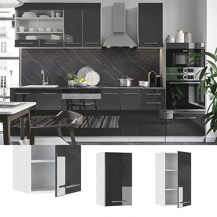 Vicco Schrankküche Fame-Line Anthrazit Hochglanz - Anthrazit Hochglanz, Hängeschrank 40 cm - Elegante, hochglänzende Küchenschränke in Dunkelgrau und integrierte Geräte in einer modernen Küche.