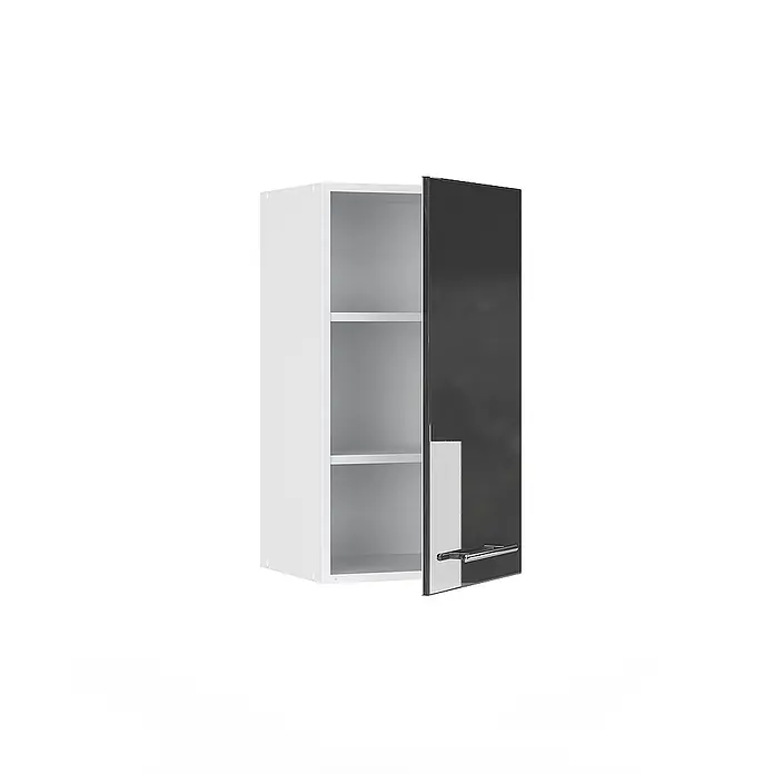 Vicco Schrankküche Fame-Line Anthrazit Hochglanz - Anthrazit Hochglanz, Hängeschrank 40 cm - Weißer Wandschrank mit zwei Regalböden und einer teilweise geöffneten schwarzen Hochglanztür mit silbernem Griff.