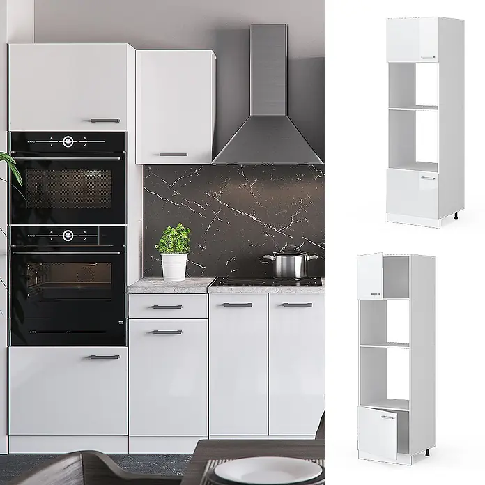 Vicco Schrankküche R-Line Weiß Hochglanz - Weiß Hochglanz, Mikrowellenumbauschrank 60 cm - Weißer Hochglanz-Hochschrank für Einbaugeräte und Stauraum mit Türen.