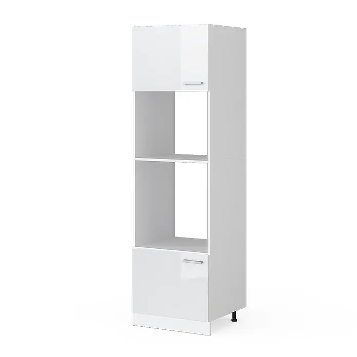 Vicco Schrankküche R-Line Weiß Hochglanz - Weiß Hochglanz, Mikrowellenumbauschrank 60 cm - Hoher weißer Hochglanzschrank mit offenen Fächern und zwei geschlossenen Abteilen, mit silbernen Griffen.