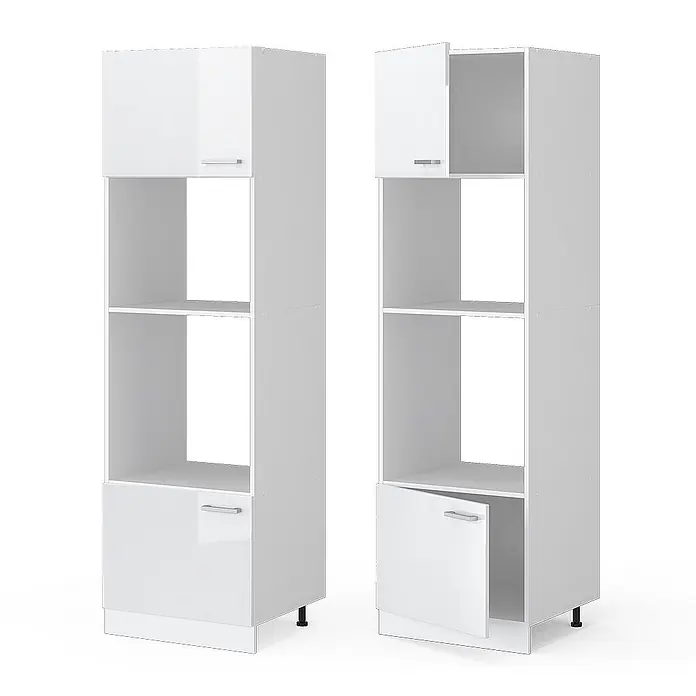 Vicco Schrankküche R-Line Weiß Hochglanz - Weiß Hochglanz, Mikrowellenumbauschrank 60 cm - Zwei hohe, weiße Hochglanz-Stauraumschränke mit Regalen und Türen, einer geschlossen, einer geöffnet.