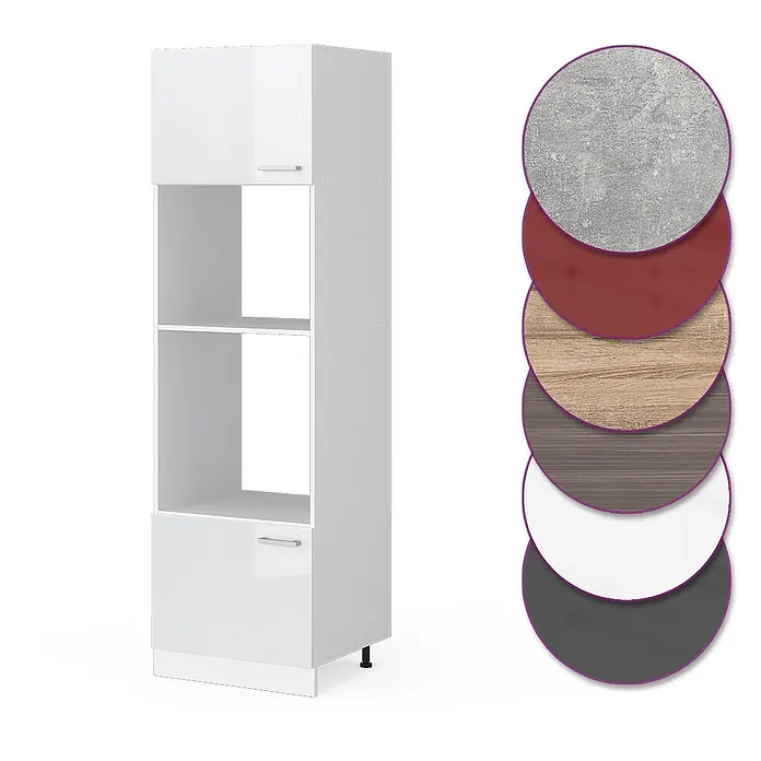 Vicco Schrankküche R-Line Weiß Hochglanz - Weiß Hochglanz, Mikrowellenumbauschrank 60 cm - Weißer hoher Küchenschrank mit Türen, offenen Fächern für Geräte und Farb-/Materialmustern.