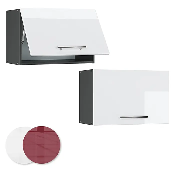 Vicco Schrankküche Fame-Line Weiß Hochglanz Flach - Weiß Hochglanz, Hängeschrank 60 cm (flach) - Zwei Hängeschränke: dunkelgrauer Korpus, weiße Hochglanz-Klapptüren (eine offen). Rote Türfarboption ebenfalls gezeigt.