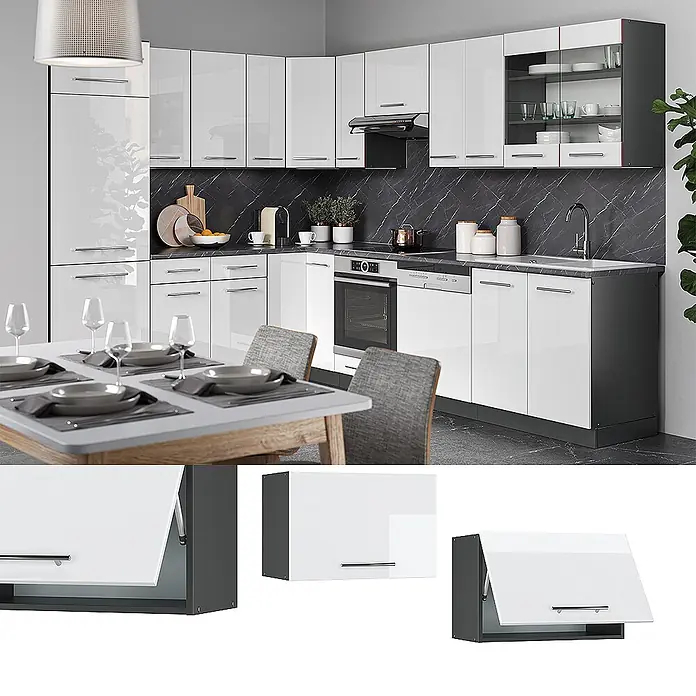 Vicco Schrankküche Fame-Line Weiß Hochglanz Flach - Weiß Hochglanz, Hängeschrank 60 cm (flach) - Moderne L-förmige Küche mit hochglanzweißen Schränken und dunkelgrauen Elementen, inklusive Geräten und Essbereich.