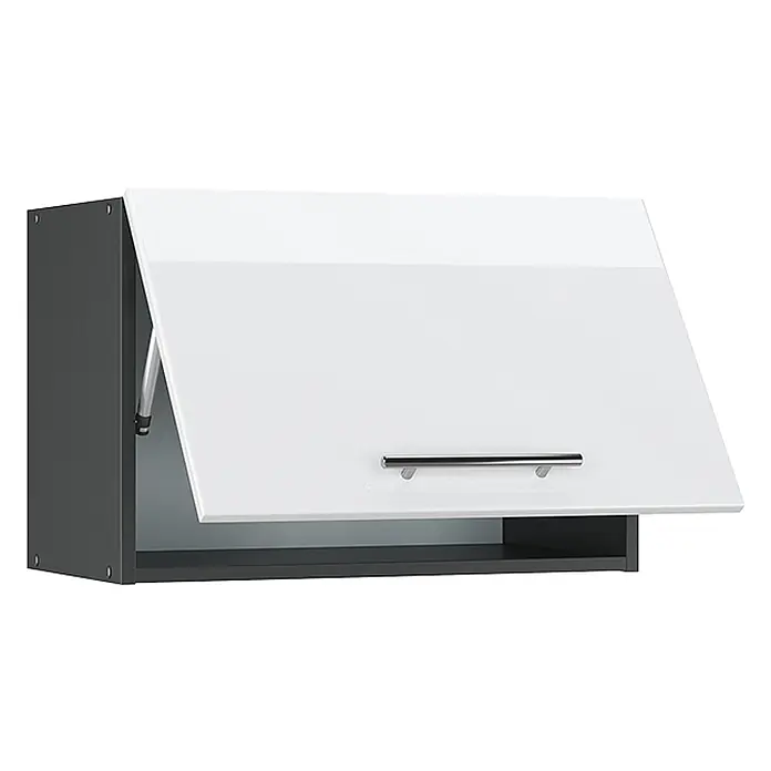 Vicco Schrankküche Fame-Line Weiß Hochglanz Flach - Weiß Hochglanz, Hängeschrank 60 cm (flach) - Dunkelgrauer Hängeschrank mit weiß glänzender Klapptür, Chromgriff und offenem Fach unten.
