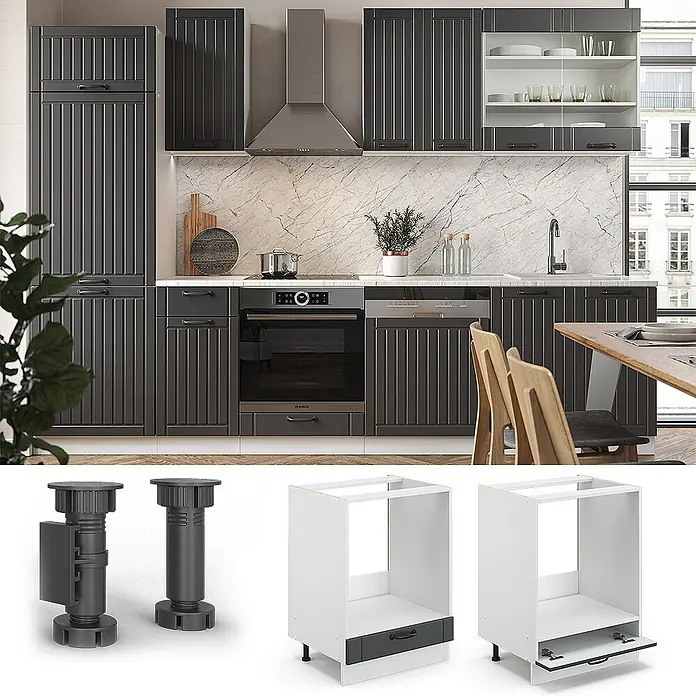 Vicco Schrankküche Fame-Line Anthrazit Landhaus, AP Anthrazit - Anthrazit Landhaus, Herdumbauschrank 60 cm, AP Anthrazit - Dunkelgraue gerippte Küchenschränke mit verstellbaren Kunststofffüßen und integrierten Sockellösungen wie Schublade und Zugangsklappe.