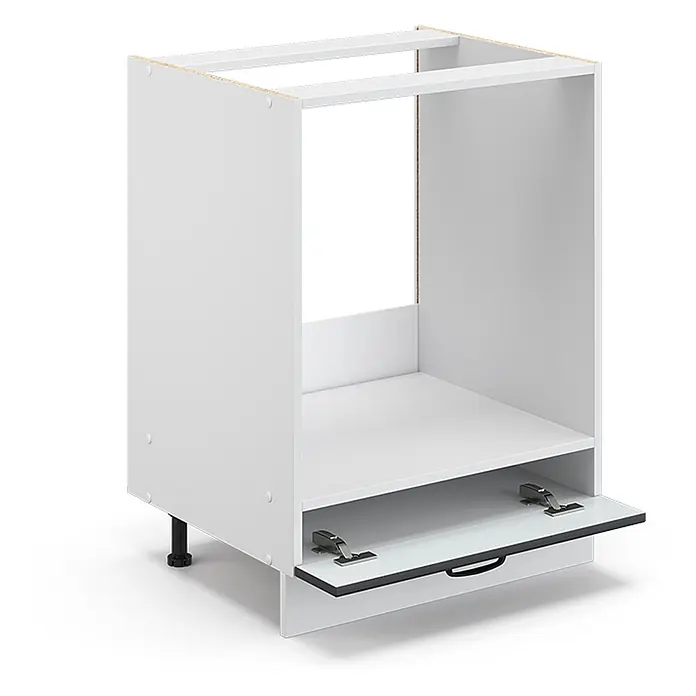 Vicco Schrankküche Fame-Line Anthrazit Landhaus, AP Anthrazit - Anthrazit Landhaus, Herdumbauschrank 60 cm, AP Anthrazit - Weißer Küchenunterschrank mit offenem Fach für Einbaugerät und unterer Klappe.