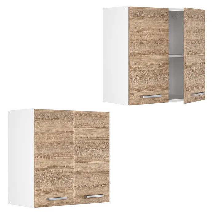 Vicco Schrankküche R-Line Sonoma - Sonoma, Hängeschrank 60 cm - Zwei Küchenoberschränke in heller Holzoptik mit weißen Seiten und silbernen Griffen. Ein Schrank ist offen und zeigt ein Regal.