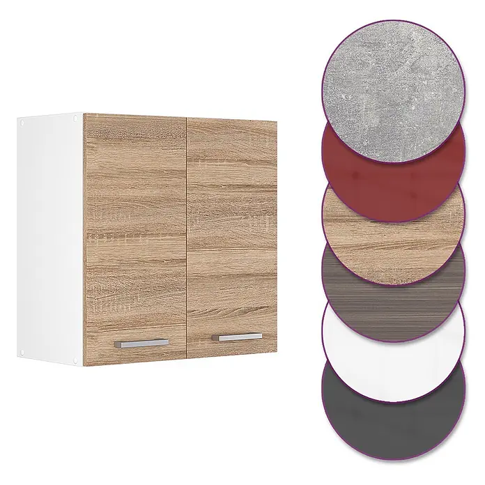 Vicco Schrankküche R-Line Sonoma - Sonoma, Hängeschrank 60 cm - Zweitüriger Hängeschrank mit hellen Holzmaserungstüren, weißer Seitenwand und Metallgriffen, dazu Farb-/Materialmuster.