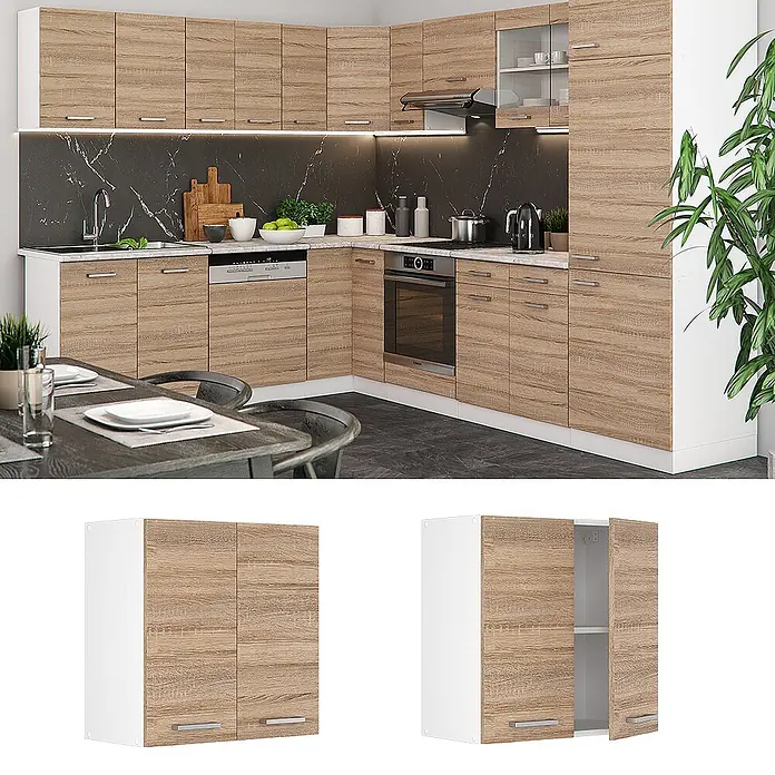 Vicco Schrankküche R-Line Sonoma - Sonoma, Hängeschrank 60 cm - Eckküche mit hellen Holzmaserungsschränken, weißen Akzenten und schwarzem Marmor-Spritzschutz, in einem modernen Essbereich.