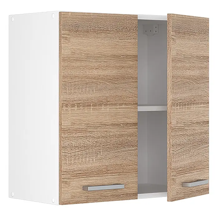 Vicco Schrankküche R-Line Sonoma - Sonoma, Hängeschrank 60 cm - Weißer Wandschrank mit zwei hellen Eicheneffekt-Türen, eine teilweise offen, offenbart ein weißes Regal und silberne Griffe.