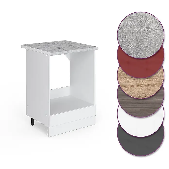 Vicco Schrankküche R-Line Weiß Hochglanz, AP Marmor - Weiß Hochglanz, Herdumbauschrank 60 cm - Weißer Küchenunterschrank mit Marmor-Arbeitsplatte, verschiedene Materialmuster sind abgebildet.