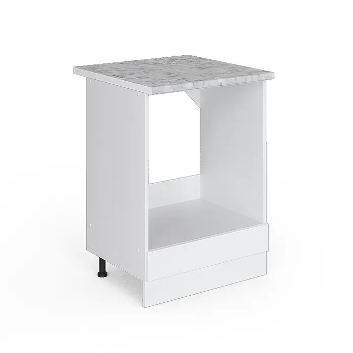 Vicco Schrankküche R-Line Weiß Hochglanz, AP Marmor - Weiß Hochglanz, Herdumbauschrank 60 cm - Weißer Küchenunterschrank mit grauer Marmoroptik-Arbeitsplatte und offenem Fach.