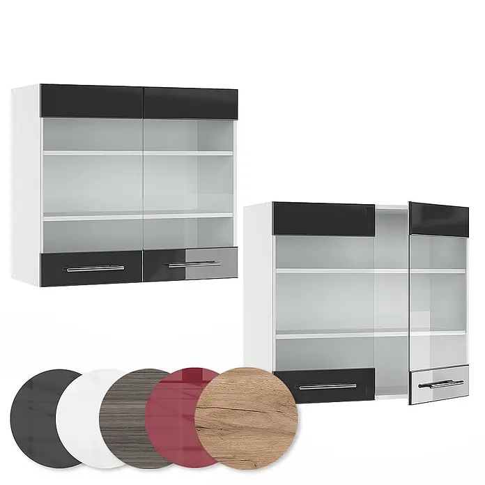Vicco Schrankküche Fame-Line Anthrazit Hochglanz - Anthrazit Hochglanz, Hängeglasschrank 80 cm - Modulares Hängeschrank mit Glastüren und Schubladen, in Weiß und Dunkelgrau mit verschiedenen Oberflächenoptionen.