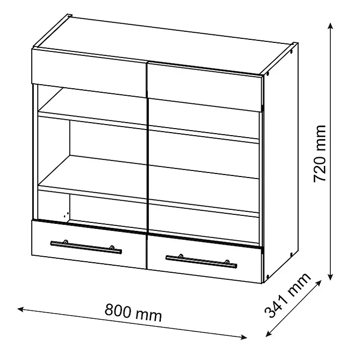 Vicco Schrankküche Fame-Line Anthrazit Hochglanz - Anthrazit Hochglanz, Hängeglasschrank 80 cm - Strichzeichnung: Schrank mit vier offenen Regalböden und zwei Schubladen. W800xH720xD341 mm.