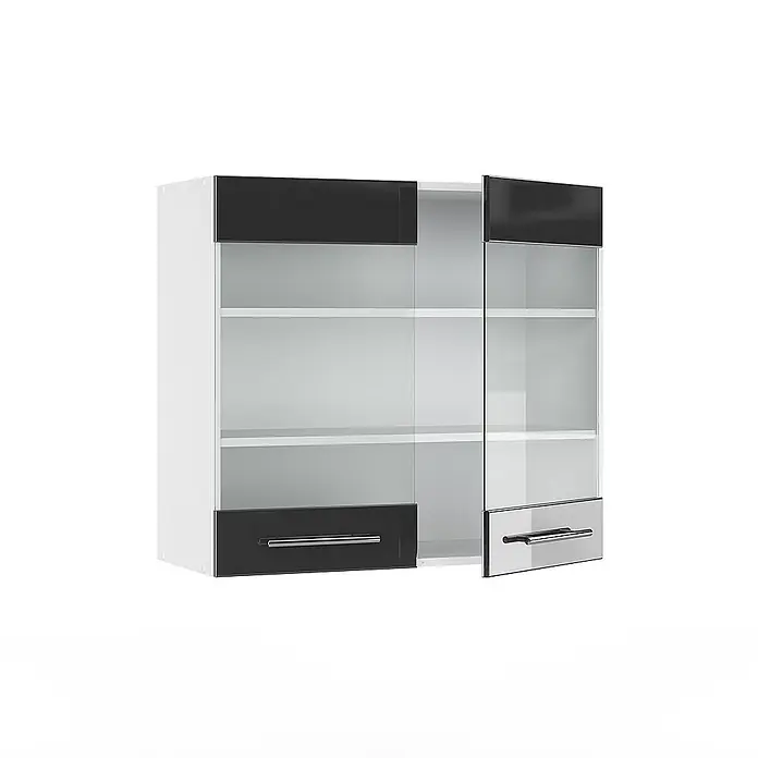 Vicco Schrankküche Fame-Line Anthrazit Hochglanz - Anthrazit Hochglanz, Hängeglasschrank 80 cm - Weißer Wandschrank mit schwarzen Ober- und Unterteilen, transparenten Glastüren und silbernen Griffen.