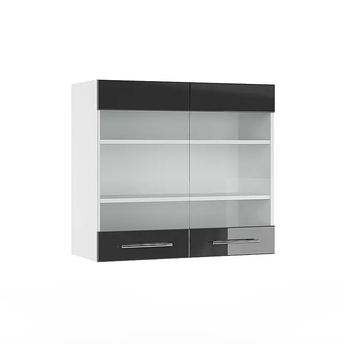 Vicco Schrankküche Fame-Line Anthrazit Hochglanz - Anthrazit Hochglanz, Hängeglasschrank 80 cm - Wandschrank mit weißem Rahmen, schwarzer Oberseite, Glastüren, Regalböden und zwei dunklen Schubladen mit silbernen Griffen.